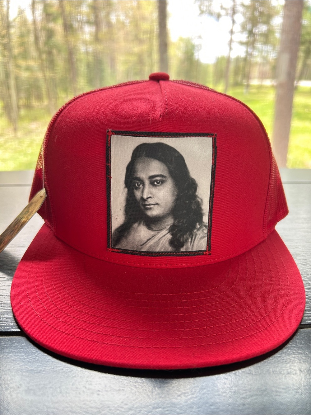 Red Trucker Snapback Hat with Yogananda’s Portrait Patch